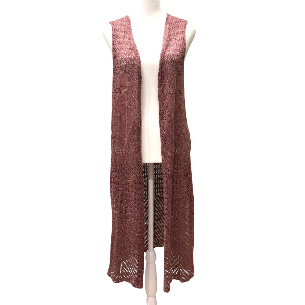 Womens XL Mauve Crochet Duster Cardigan Vest NWT Boho Festival Western Open Knit